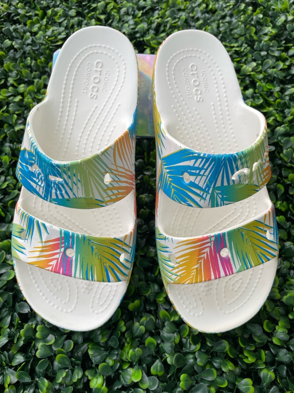 CROCS White Sandals with Multicolor Tropical Palm Print